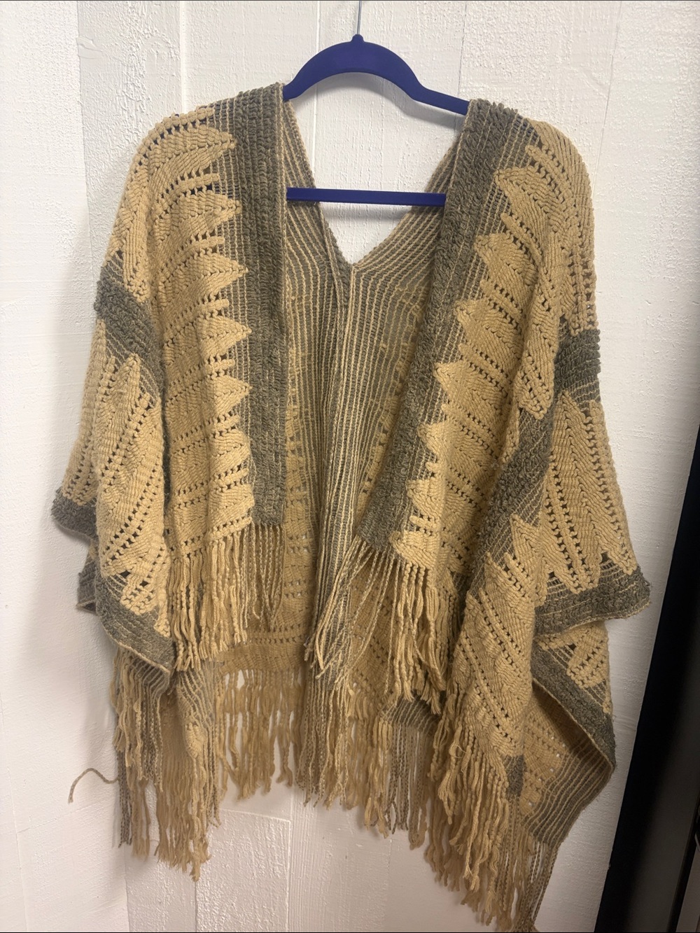 Fringed Open-Front Knit Poncho Sweater - Beige and Taupe